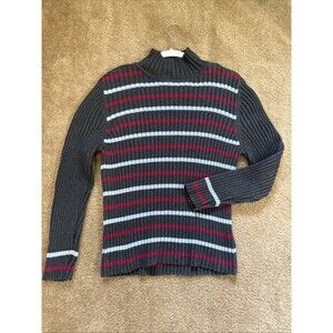 VTG Tommy Hilfiger Sweater Y2K 2000 Women XL Ribbed Cotton Stripe Gray RedWhite